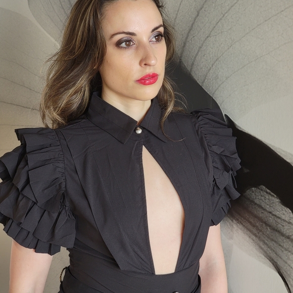 Black Cutout Ruffle Sleeve Bodysuit – High Neck Statement Party Top - Picture 6 of 8